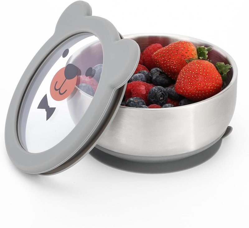 MR. CHOU Baby Bowls with Non-Slip Silicone Suction Cup, Insulated Double-Layer 18/8 Stainless Steel Toddler Bowls with BPA Free Airtight Lids, Food-Grade Silicone Safe for Kids (Gray) - Image 1
